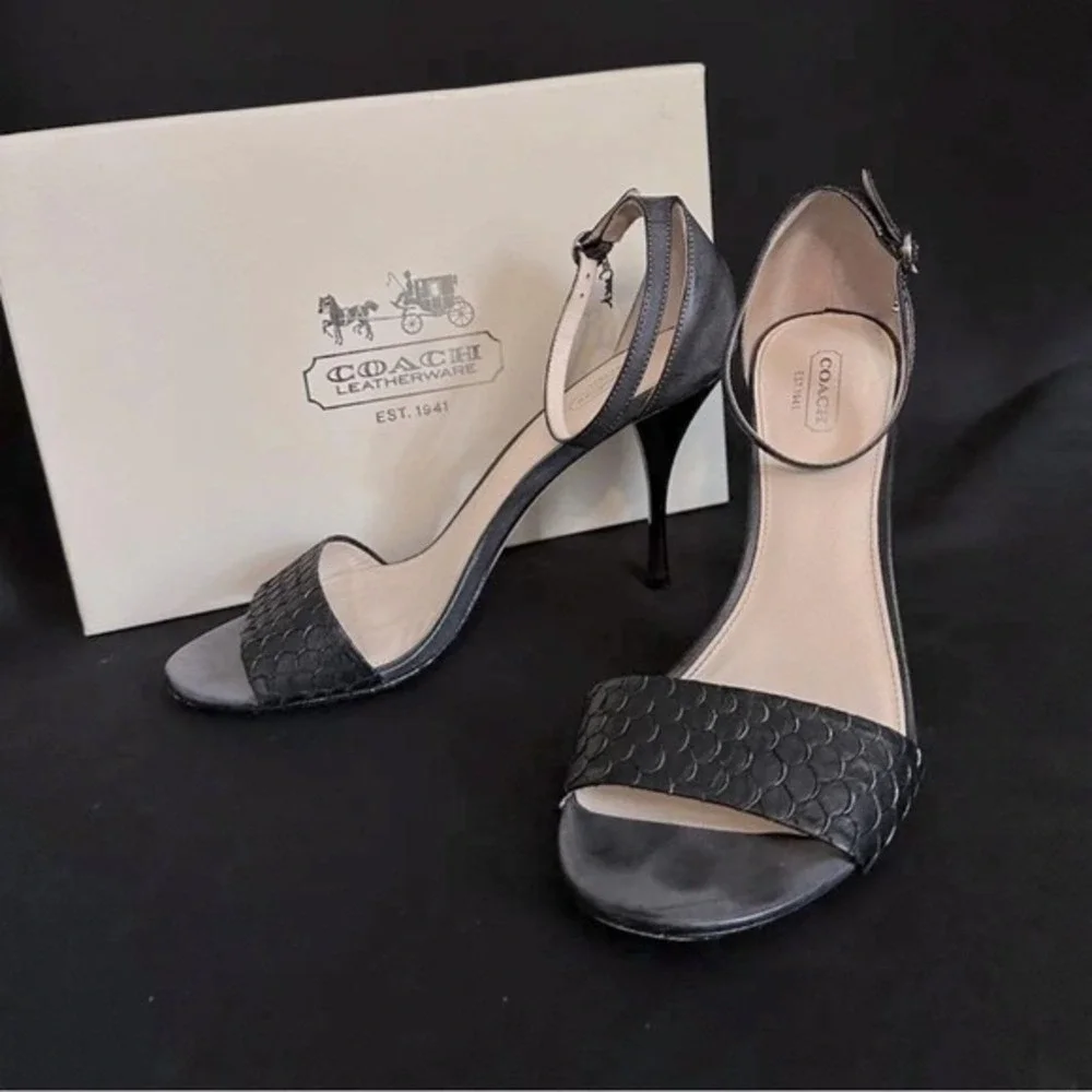 Coach 9 M Sandals Black Francesca Snake Embossed‎ Leather Strappy Stiletto Heel